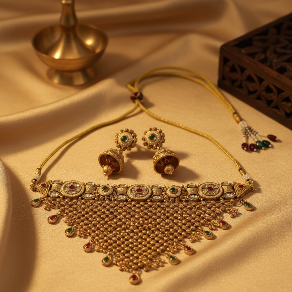 Traditional gold necklace with semi-precious stones and matching earrings on gold satin fabric.
