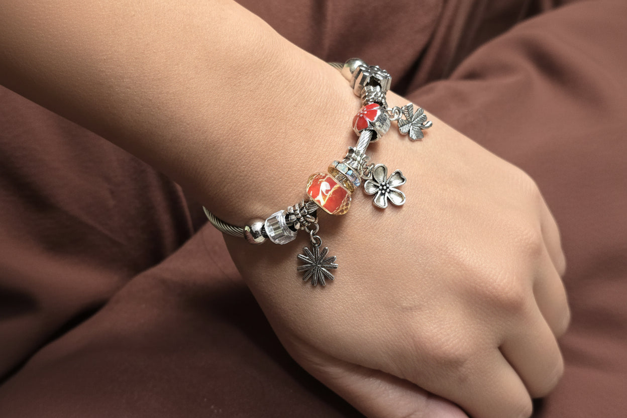 Silver-Tone Floral Charm Bangle