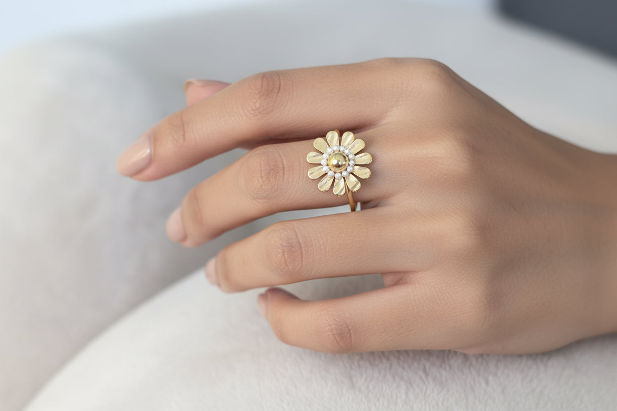 Gold-Plated Floral Open Ring with Pearl Accents