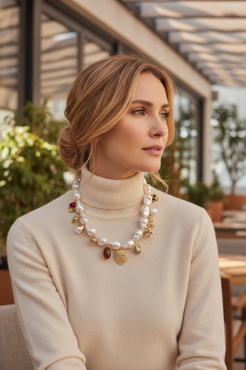 Elegant multi-colored pearl and gold necklace, featuring unique charms, perfect for any stylish occasion.