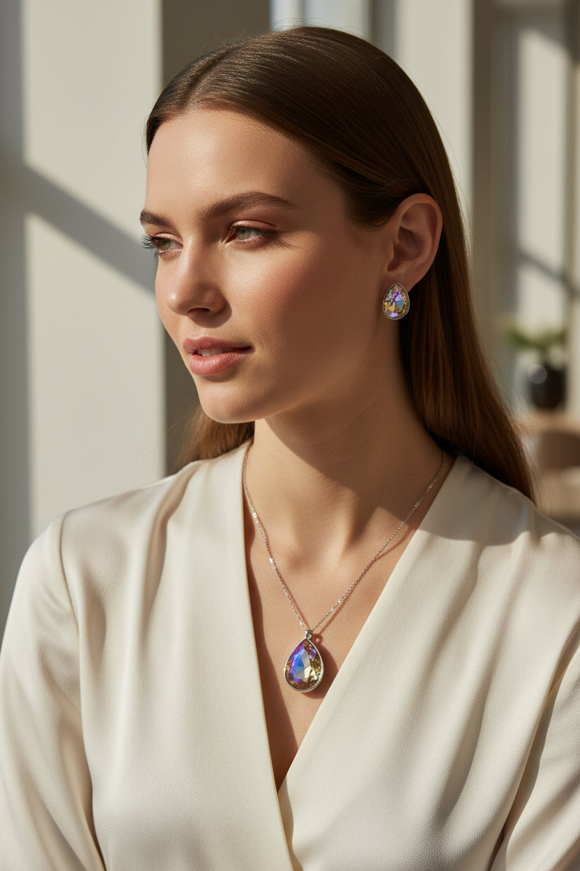 Elegant silver jewelry set featuring a colorful teardrop pendant and matching earrings, perfect for any occasion.