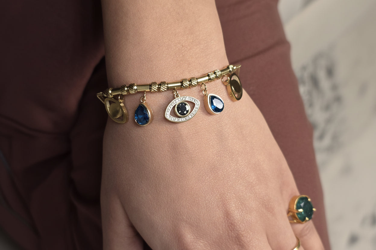 Gold-Plated & Studded Eye Charm Bracelet