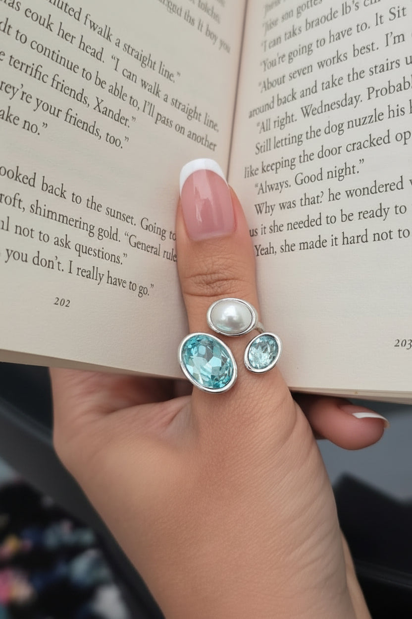 Aqua Crystal & Pearl Statement Ring