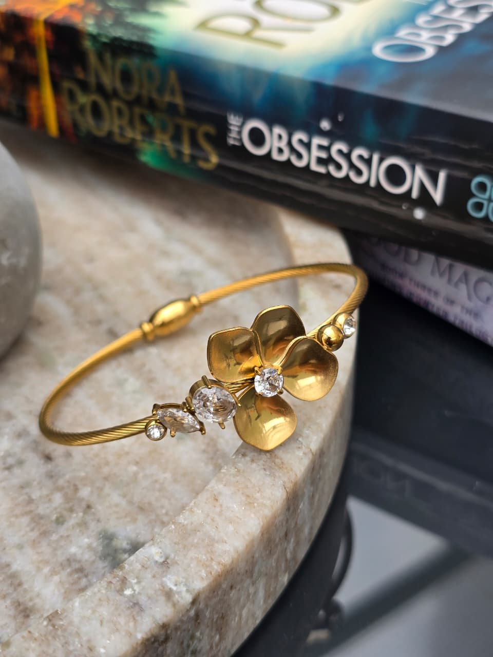Gold Plated Anti-Tarnish Floral Crystal Cuff Bracelet