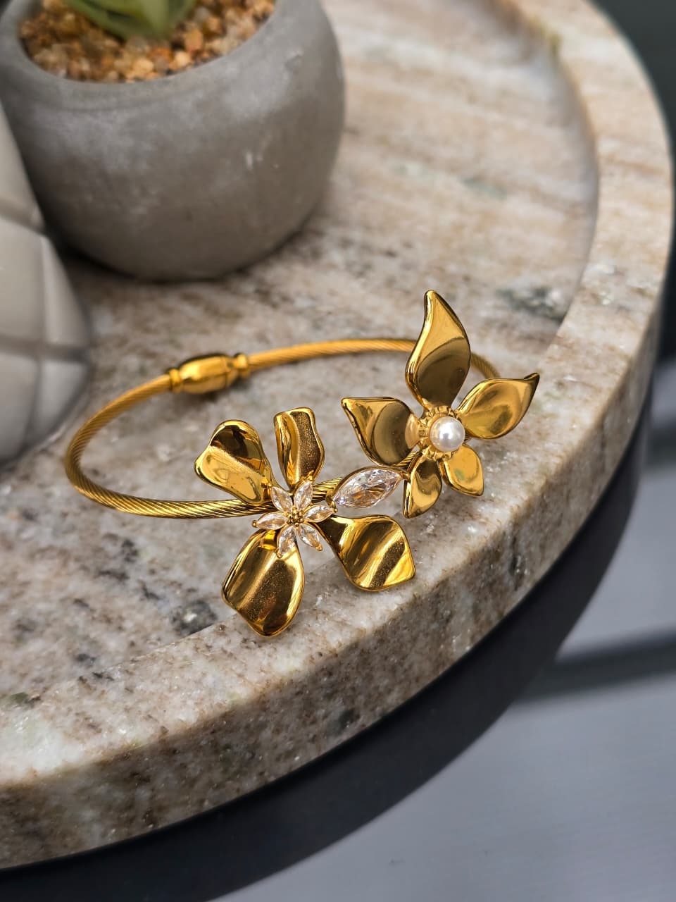 Gold Plated Anti-Tarnish Floral Cuff Bracelet