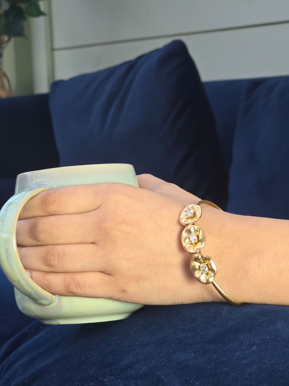 Gold Plated Anti-Tarnish Floral Crystal Cuff Bracelet