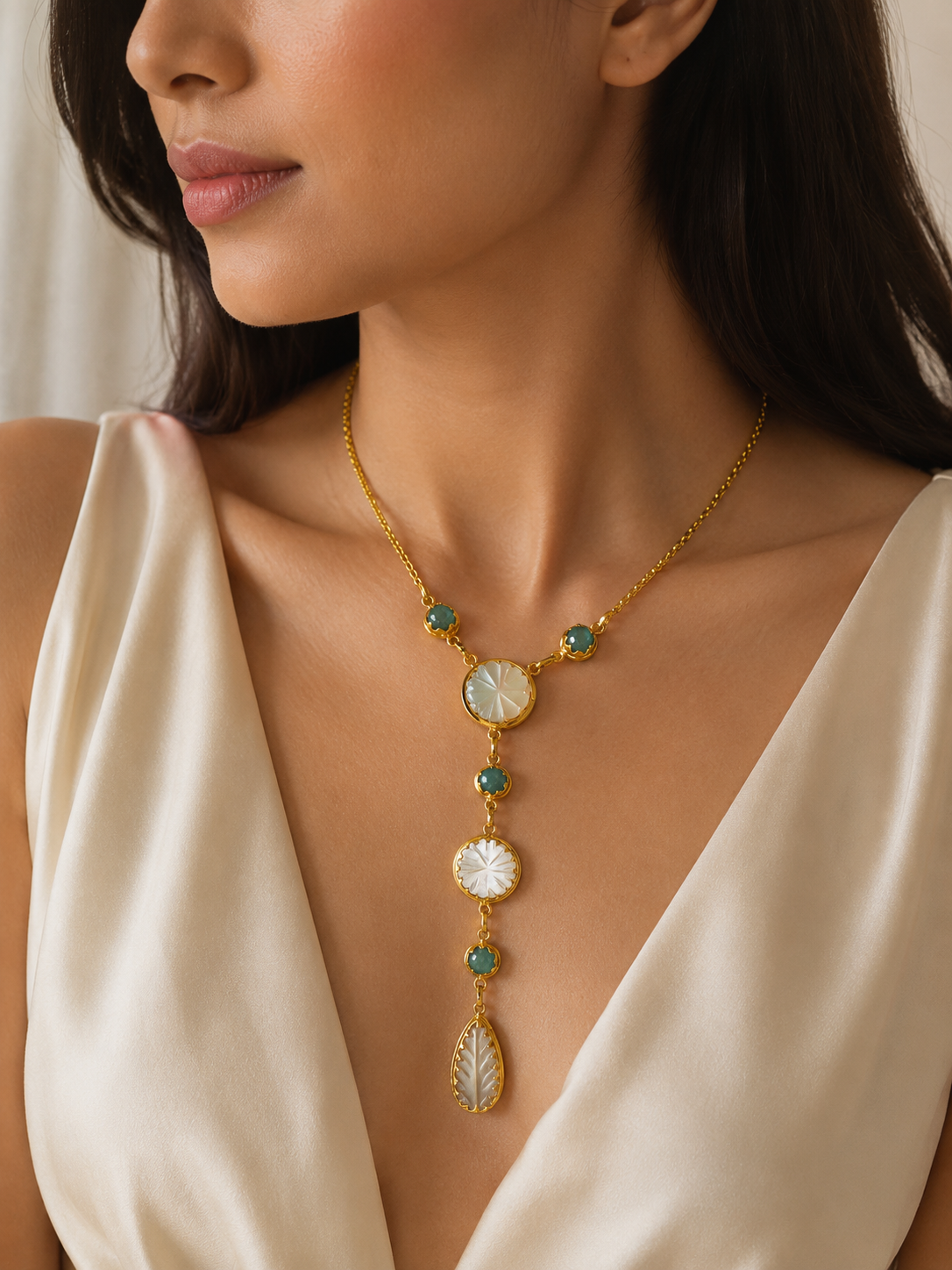 Aventurine & Mother of Pearl Lariat Necklace