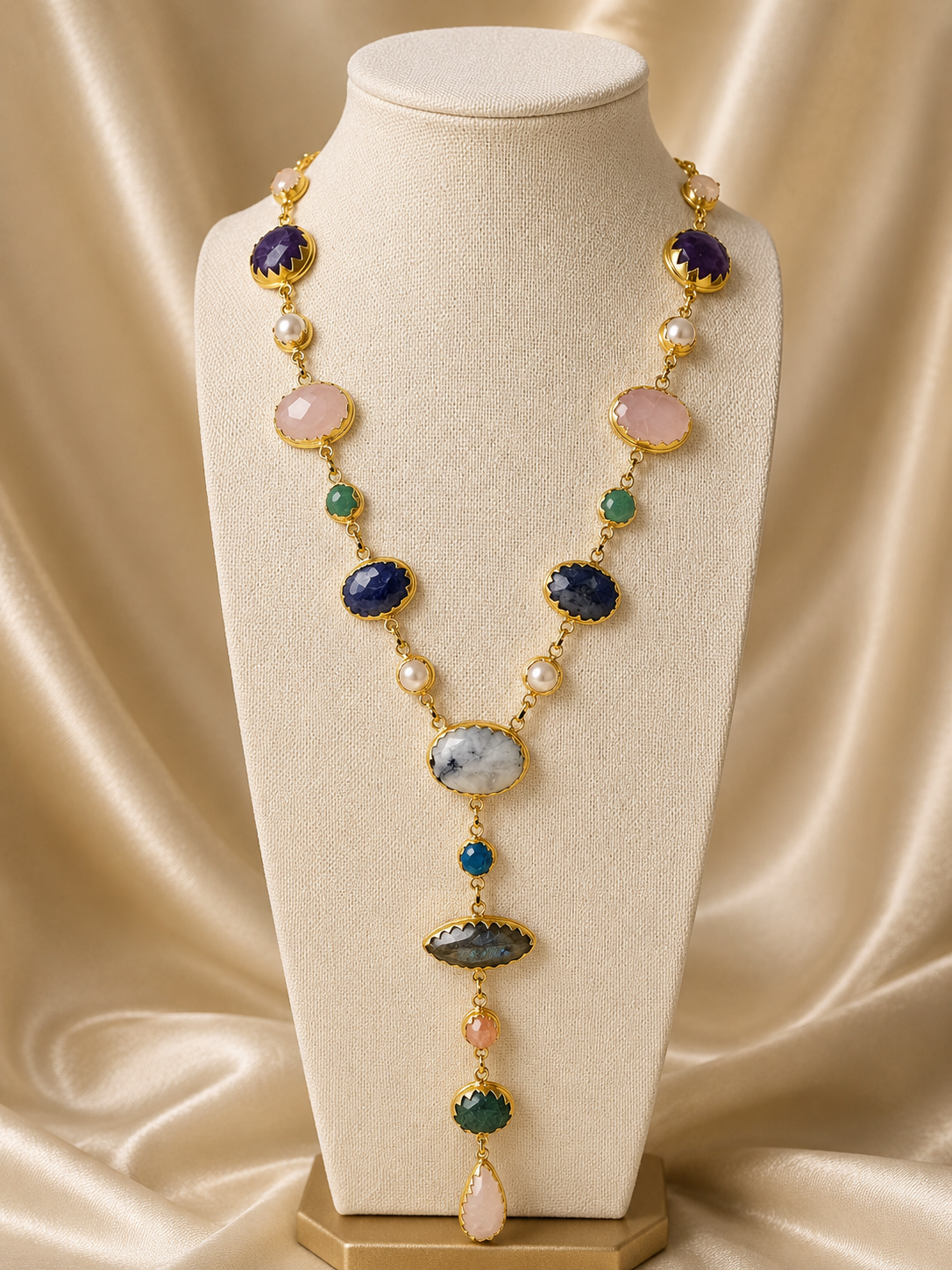 Jewel Tones Long Lariat Gemstone Necklace