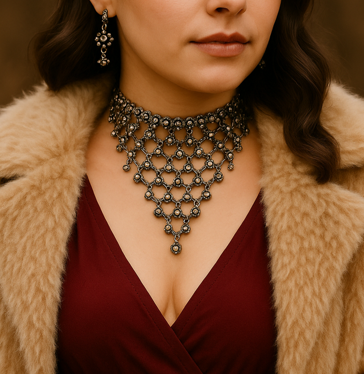 German oxidised silver tiered waterfall statement necklace