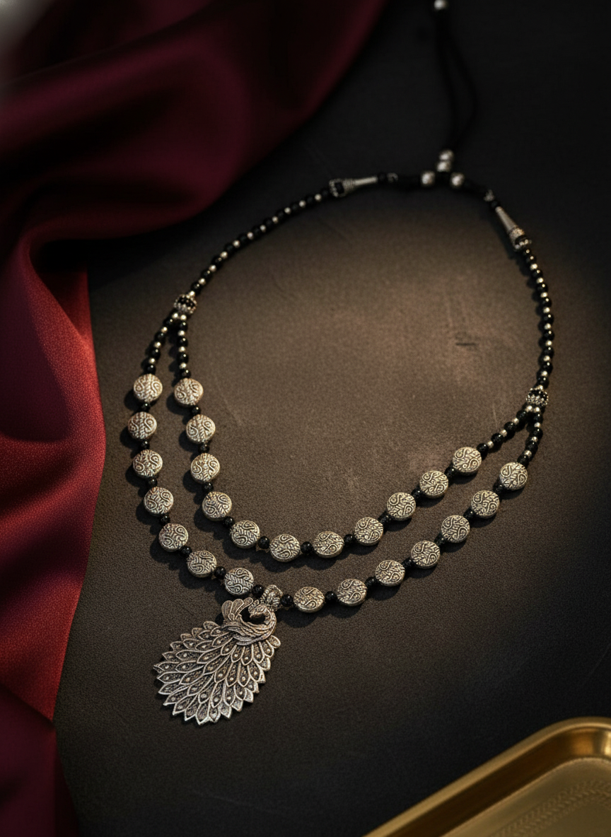 Vintage-inspired two-layer necklace, silver and black beads with a decorative peacock pendant.