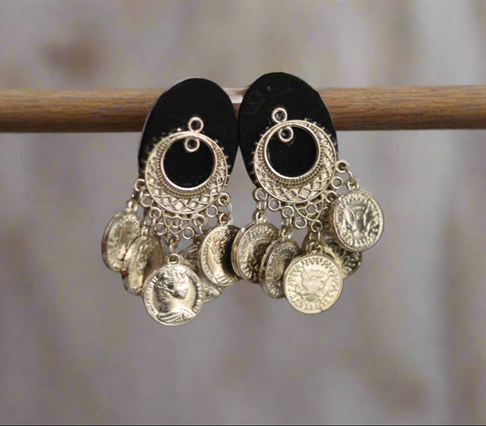 Stylish gold coin earrings with intricate metalwork and black fabric backing, perfect for adding elegance.