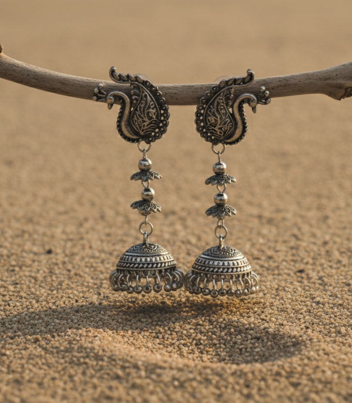 Intricate silver-tone jhumka earrings with floral design, hanging domes, and ornate detailing.
