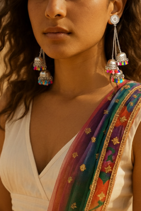 Colorful silver jhumka earrings with vibrant tassels, paired with a traditional Indian outfit.