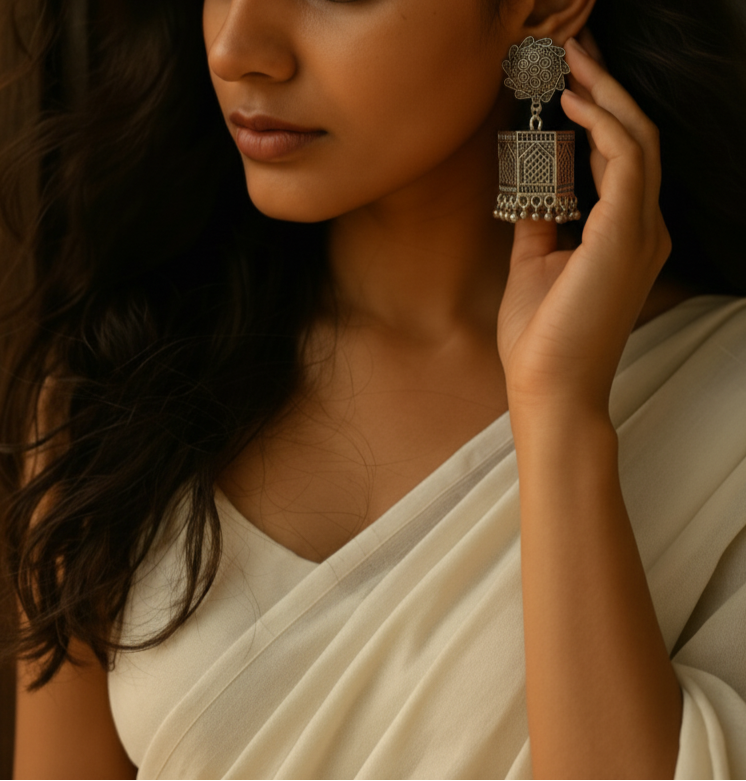 Elegant silver chandelier earrings with intricate design, featuring decorative beads and a floral top.