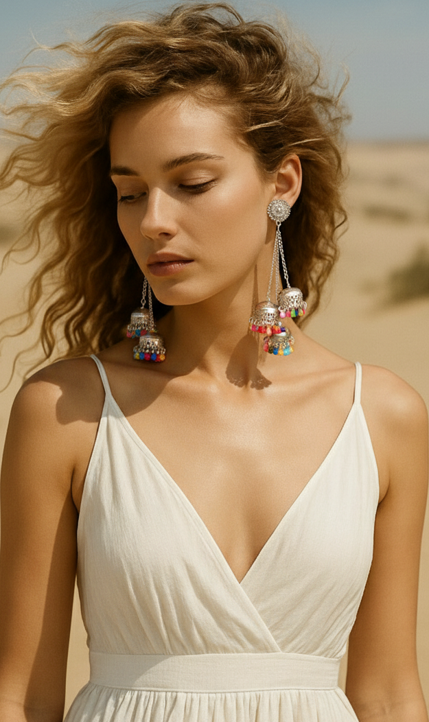 Boho silver earrings with colorful tassels, perfect for summer outfits or beachwear.