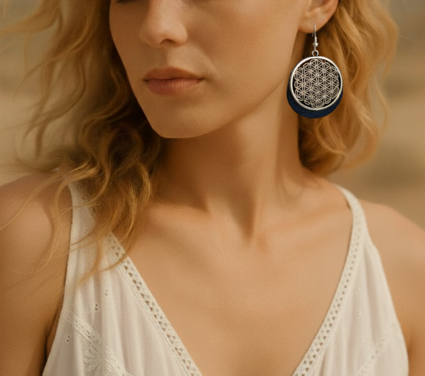 Plated silver circular earrings with intricate design and navy blue accents, elegant style for women.