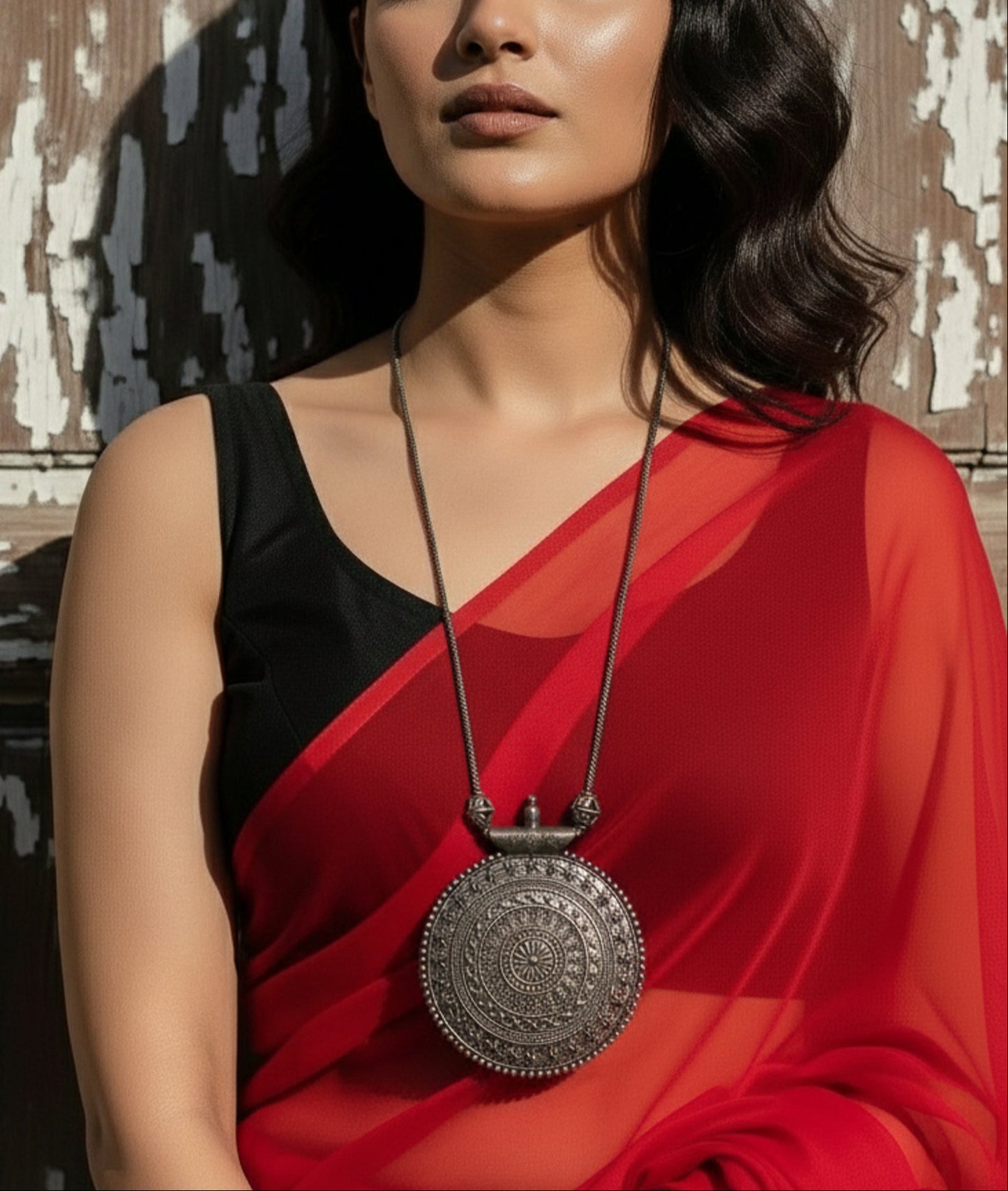 Elegant red and black saree accessorized with a vintage silver pendant necklace.