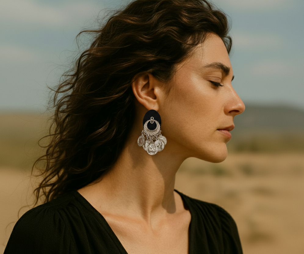Elegant silver dangle earrings with navy accents, featuring intricate detailing and a bohemian style.