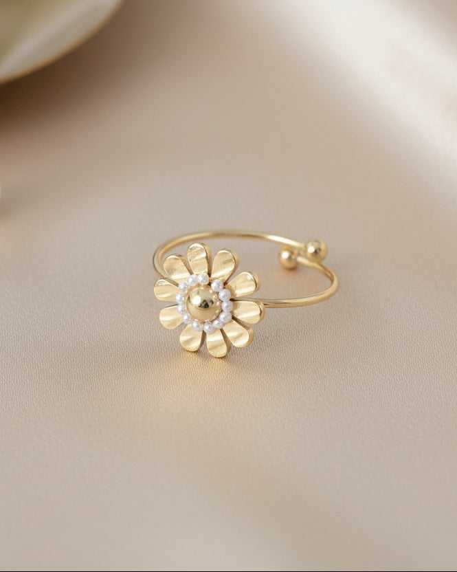 Gold-Plated Floral Open Ring with Pearl Accents