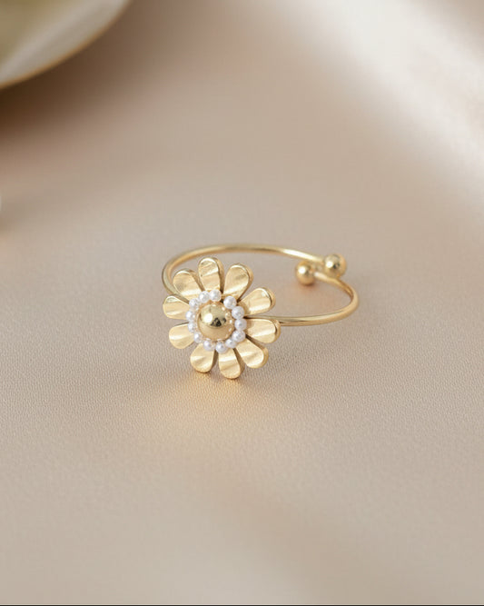 Gold-Plated Floral Open Ring with Pearl Accents