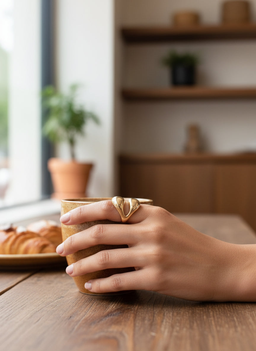 Elegant gold ring with a unique design, worn by a hand holding a stylish coffee cup.