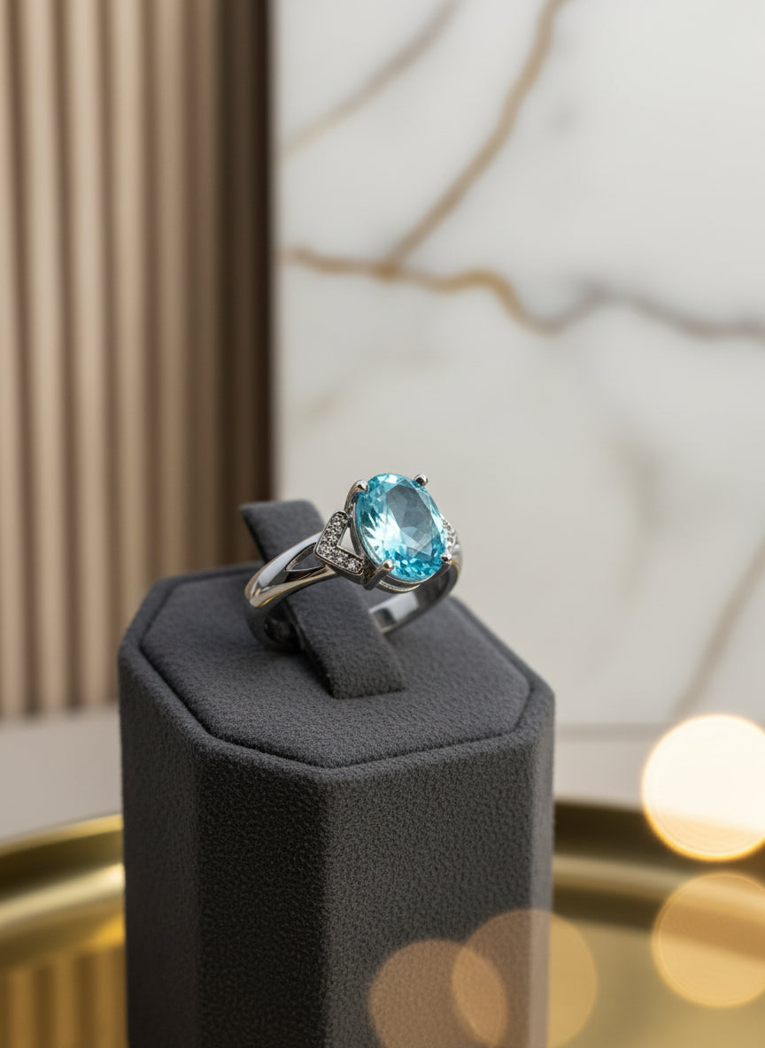 Stunning silver ring with an oval blue topaz gemstone and accent diamonds on a felt display.