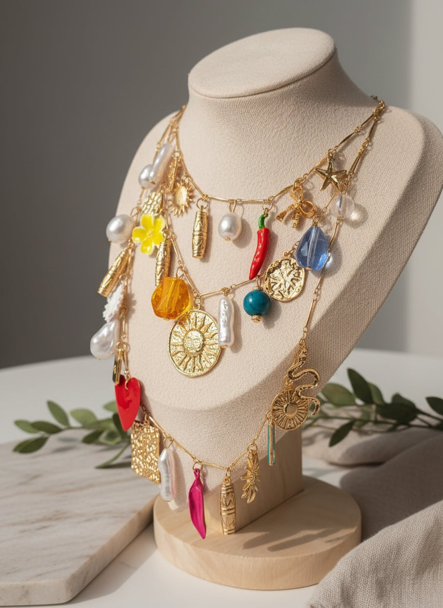 Colorful charm necklace with gold chains, featuring various vibrant pendants and pearls.