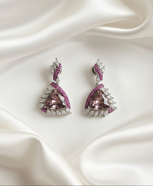 Elegant triangle earrings with pink gemstones and silver accents, perfect for formal occasions.