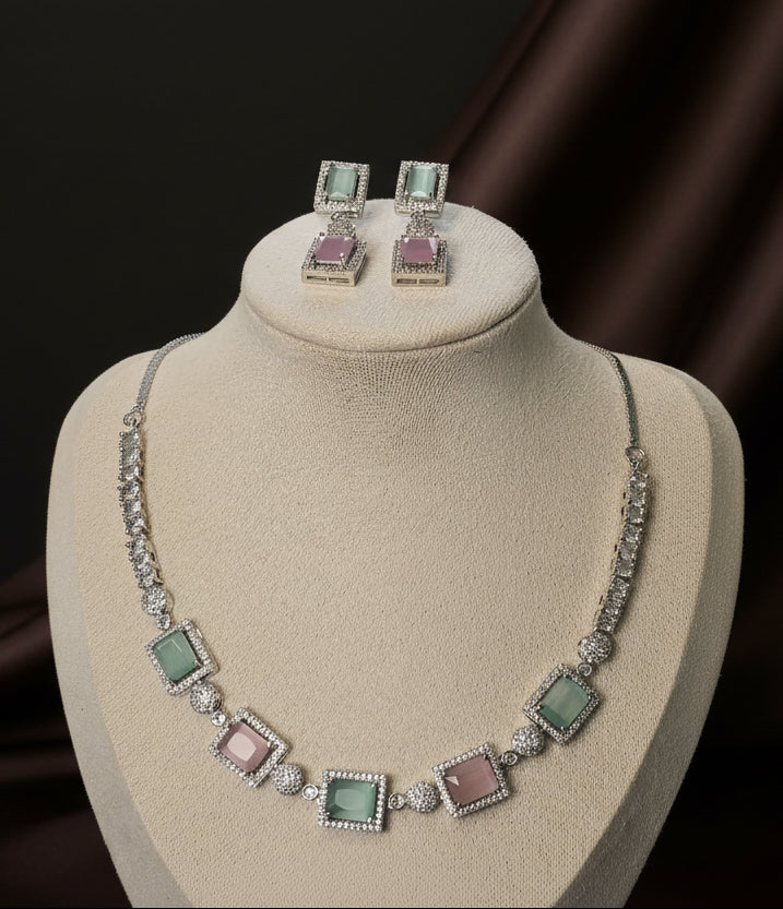 Pastel Stone & Micro American Diamond Necklace Set