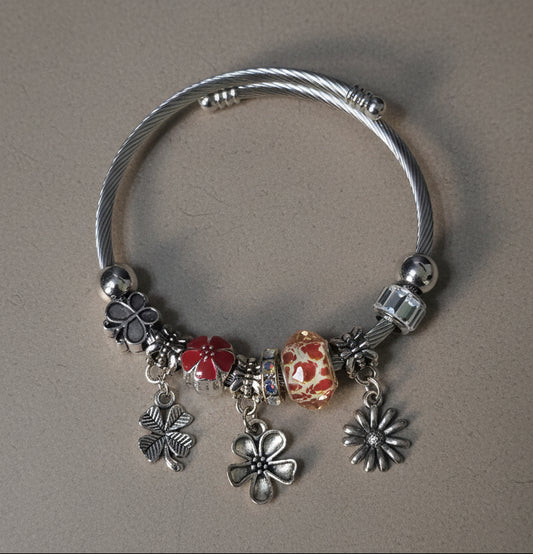 Silver-Tone Floral Charm Bangle