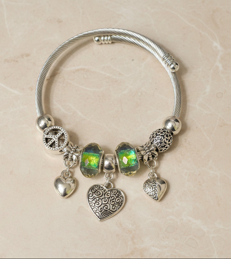 Silver-Tone Charm Bangle with Iridescent Beads