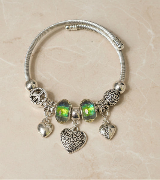 Silver-Tone Charm Bangle with Iridescent Beads