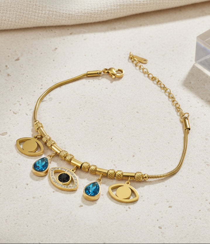 Gold-Plated & Studded Eye Charm Bracelet