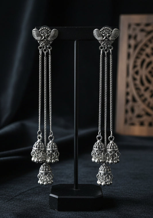 Oxidised Silver Long Tassel Jhumka