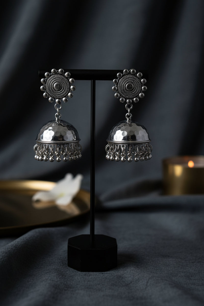Oxidised Silver Hammered Jhumka