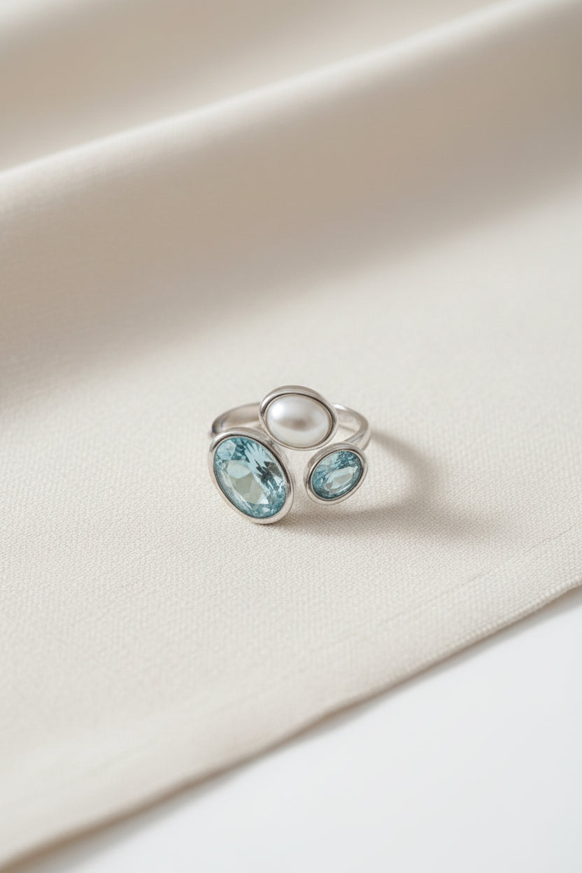 Aqua Crystal & Pearl Statement Ring