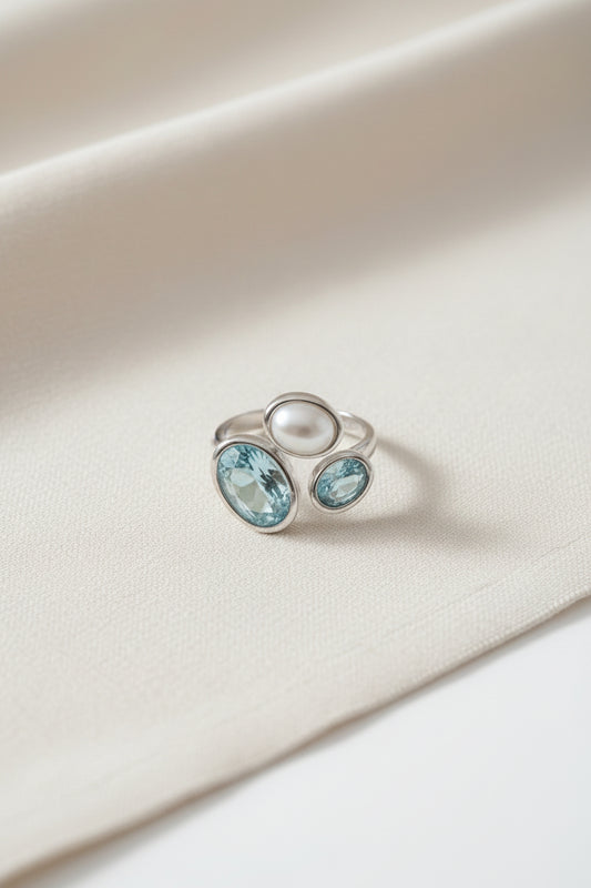 Aqua Crystal & Pearl Statement Ring