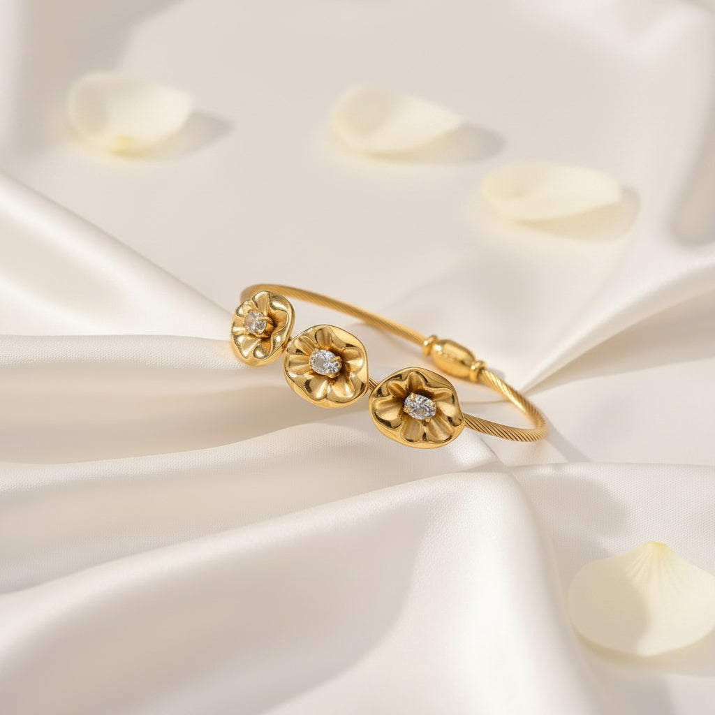 Gold Plated Anti-Tarnish Floral Crystal Cuff Bracelet