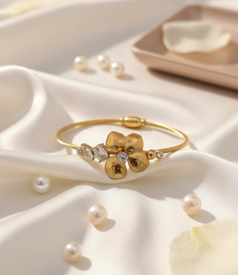 Gold Plated Anti-Tarnish Floral Crystal Cuff Bracelet