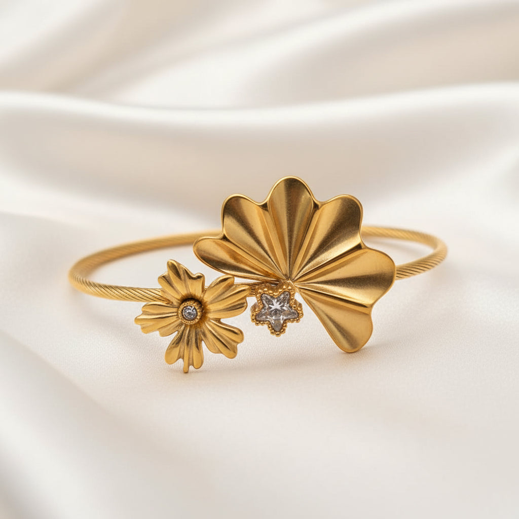 Gold Plated Anti-Tarnish Floral Statement Cuff Bracelet
