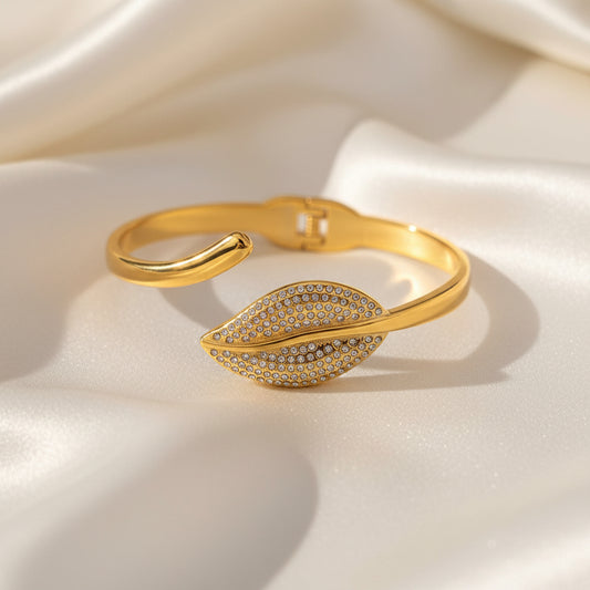 Gold Plated Anti-Tarnish Crystal Leaf Cuff Bracelet