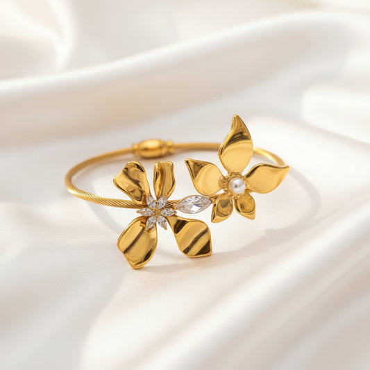 Gold Plated Anti-Tarnish Floral Cuff Bracelet
