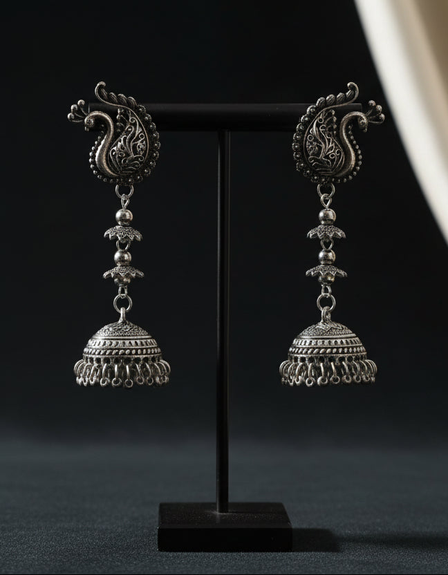Peacock Charm German Silver Jhumka