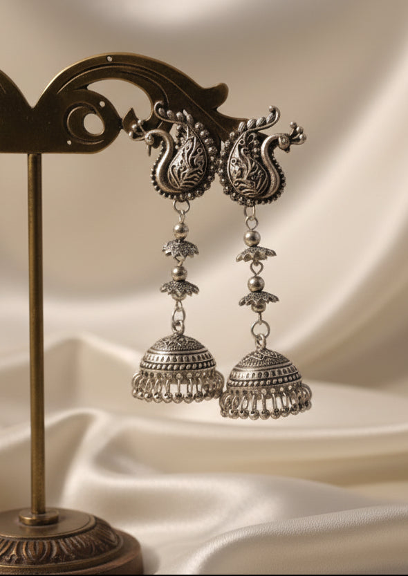 Peacock Charm German Silver Jhumka