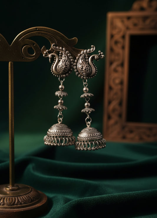 Peacock Charm German Silver Jhumka