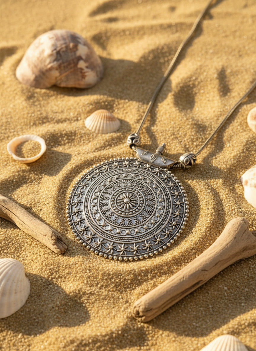Bohemian silver pendant necklace with intricate floral design, set on sandy beach with seashells.