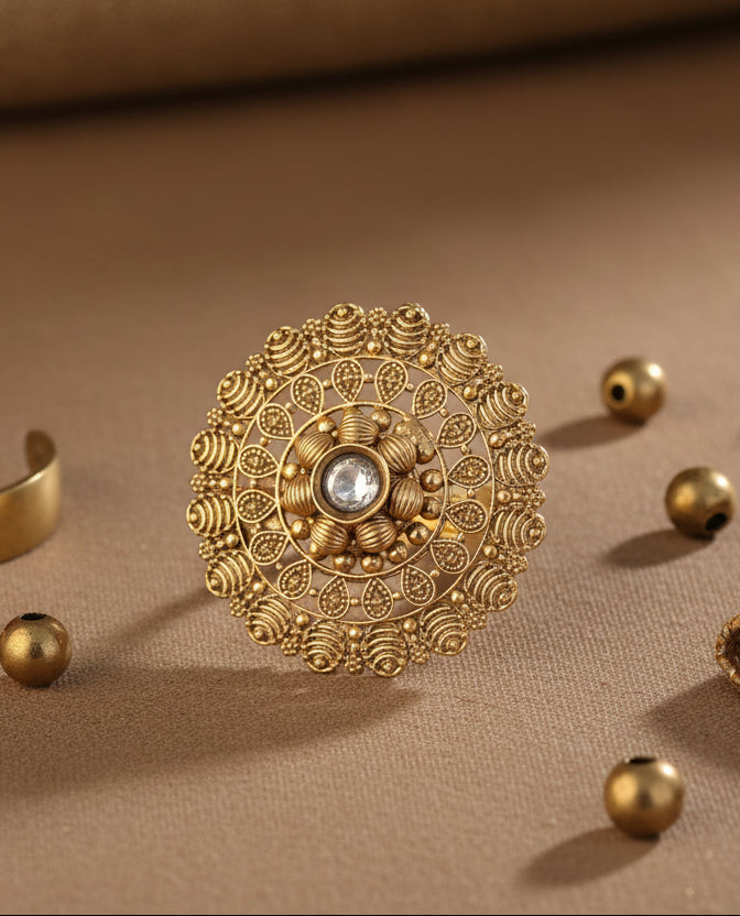 Ethnic Gold-Plated Filigree Statement Ring