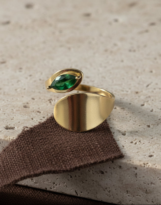 Gold-Plated Open Ring with Green Stone Accent
