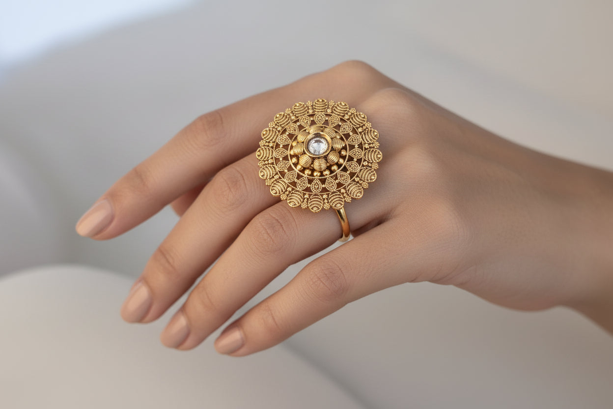Ethnic Gold-Plated Filigree Statement Ring