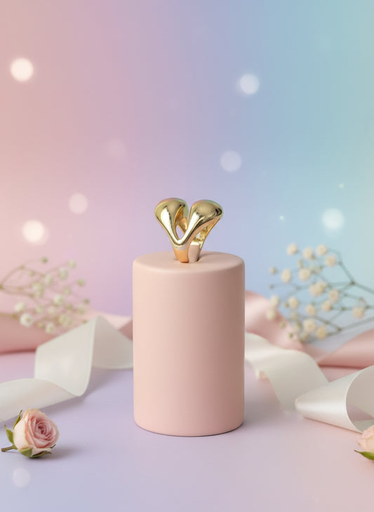 Gold adjustable ring showcased on a pastel pink display pedestal, surrounded by decorative flowers.